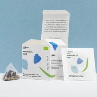 Square open package of herbal infusion Remedium Night with single tea bag and herbs